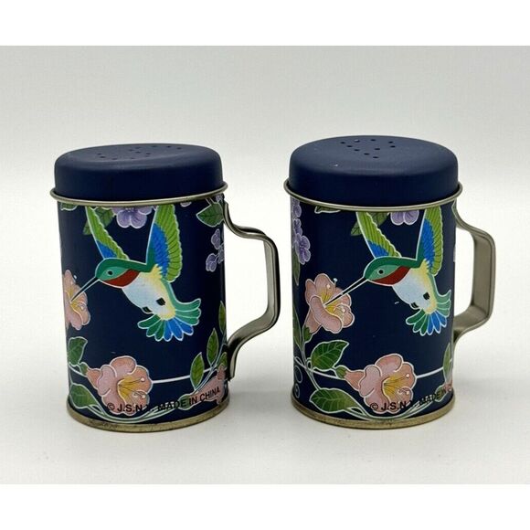 Dark Blue Hummingbird Metal Tin Salt and Pepper‎ Shakers by JNSY 3" Tall - Picture 1 of 9